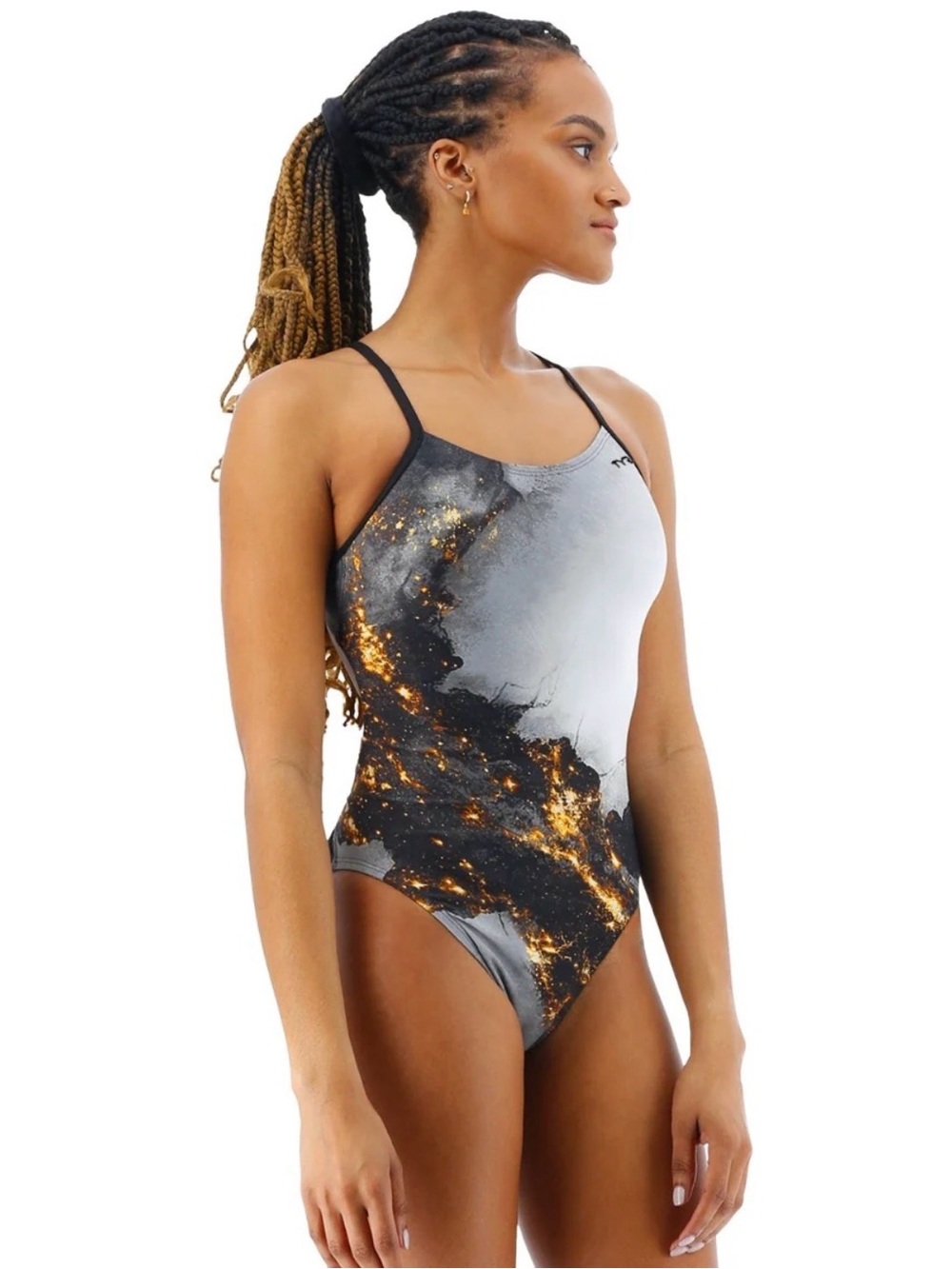 TYR Pyrite Durafast Elite One Piece Swimsuit Size Medium Gold Black triathlon